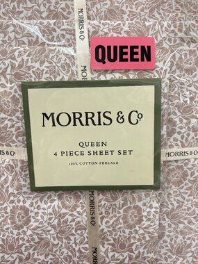 William MORRIS & CO. QUEEN Sheet Set Mallow Rose 100% Cotton Percale 4pcs - NIP